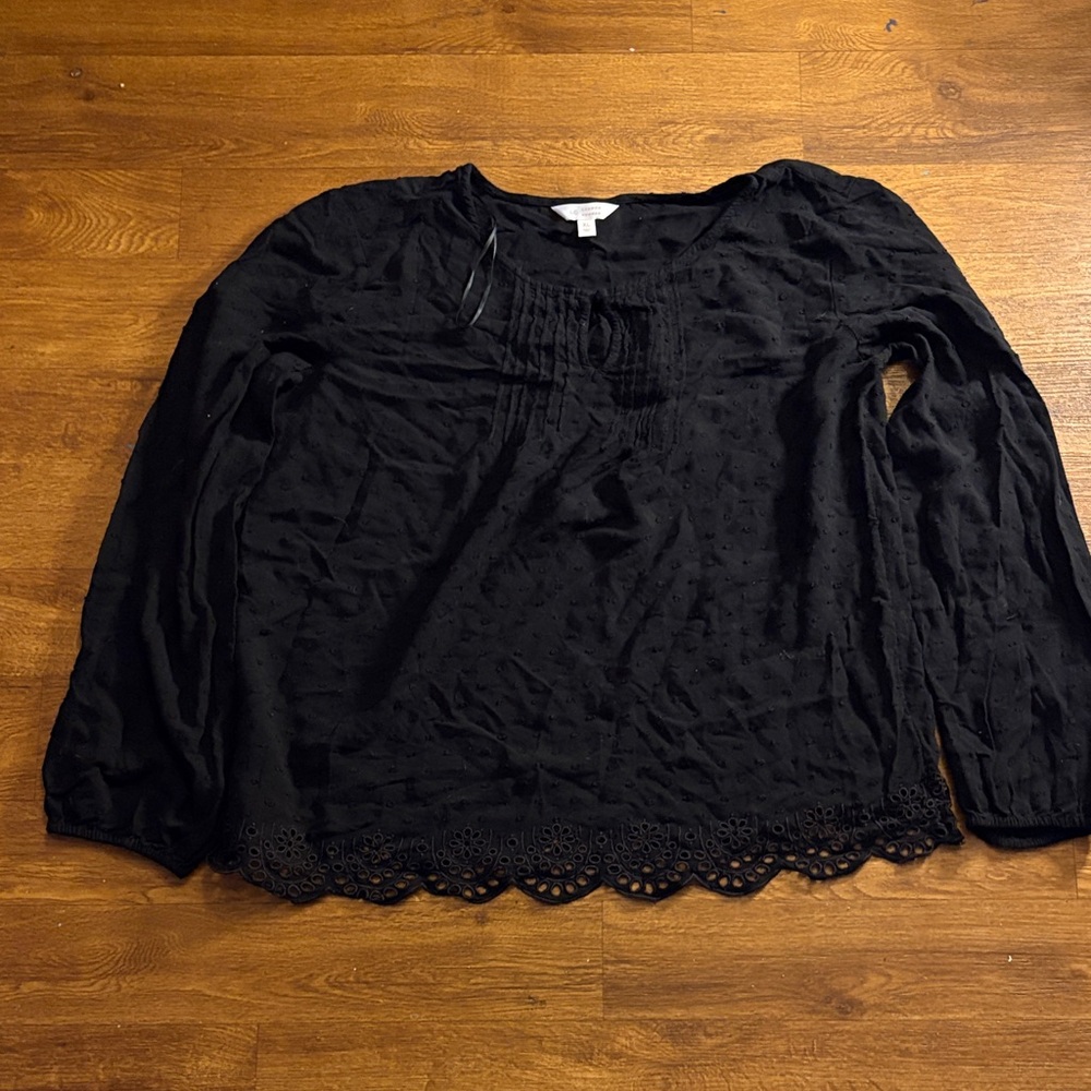LC Lauren Conrad Black Long-Sleeve Swiss Dot Blouse with Scalloped Hem